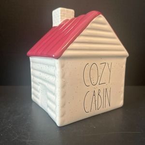 Rae Dunn "Cozy Cabin" Ceramic Log Cabin Burgundy Winter Christmas Chimney NEW